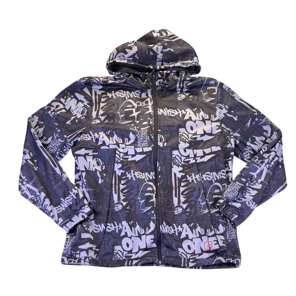 AND1 Men's Graffiti Print Full Zip Hoodie Jacket Black Grey Size L Streetwear
